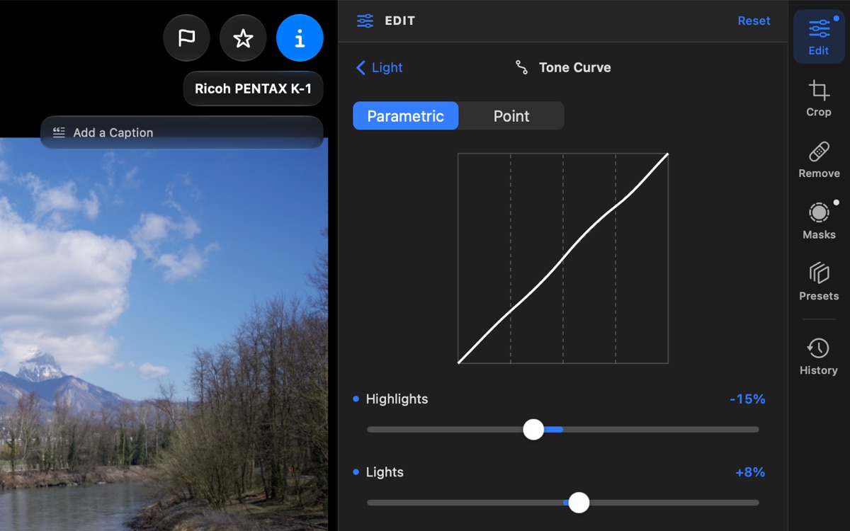 The parametric tone curve with Highlights, Lights, Darks and Shadows sliders and their splits