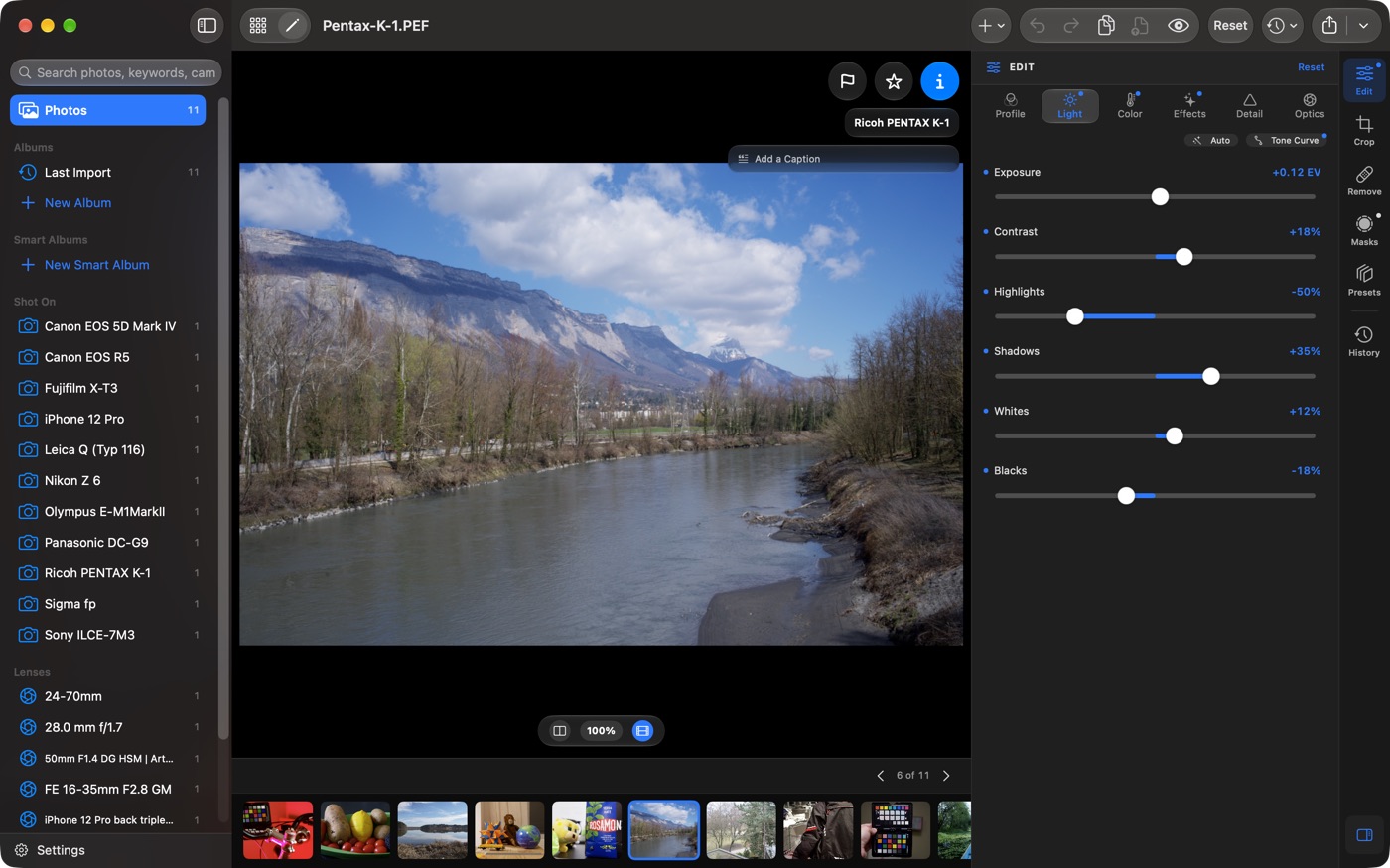 The Raw Smith editor on Mac with the Light panel's histogram and sliders beside a landscape photo