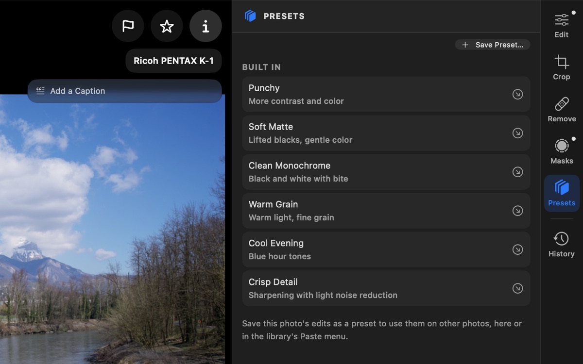 The Presets panel with built-in presets such as Punchy, Soft Matte and Clean Monochrome